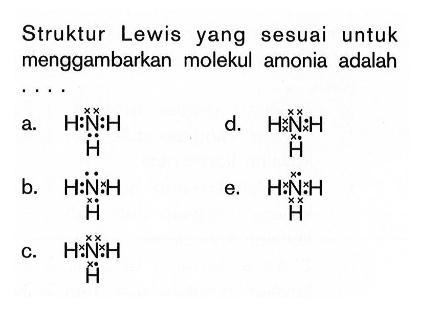 Struktur Lewis yang sesuai untuk menggambarkan molekul amonia adalah . . . .