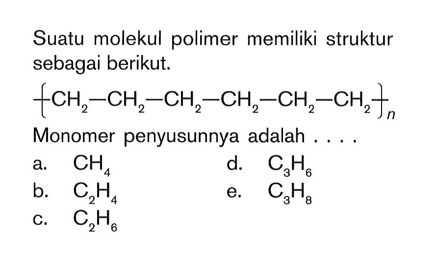 Suatu molekul polimer memiliki struktur sebagai berikut. [-CH2-CH2-CH2-CH2-CH2-CH2-]n Monomer penyusunnya adalah .... 