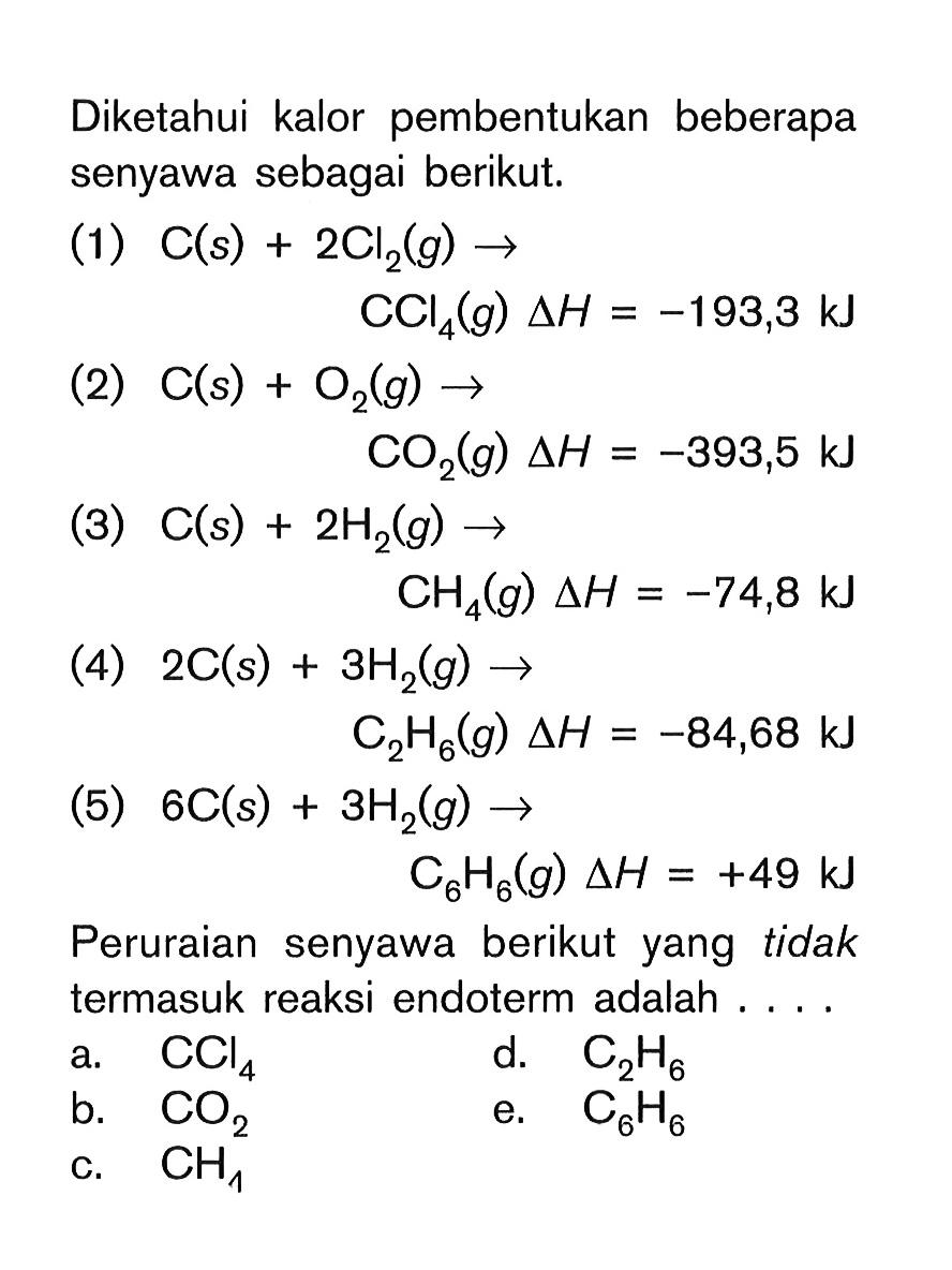 Diketahui kalor pembentukan beberapa senyawa sebagai berikut. (1) C (s) + 2Cl2 (g) -> CCI4 (g) delta H = -193,3 kJ (2) C (s) + O2 (g) -> CO2 (g) delta H = -393,5 kJ (3) C (s) + 2H2 (g) -> CH4 (g) delta H = -74,8 kJ (4) 2C (s) + 3H2 (g) -> C2H6 (g) delta H = -84,68 kJ (5) 6C (s) + 3H2 (g) -> C6H6(g) delta H = +49 kJ Peruraian senyawa berikut yang tidak termasuk reaksi endoterm adalah....