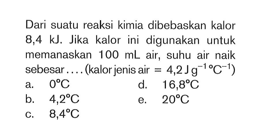 Dari suatu reaksi kimia dibebaskan kalor 8,4 kJ. Jika kalor ini digunakan untuk memanaskan 100 mL air, suhu air naik sebesar ... (kalor jenis air = 4,2J g^(-1) C^(-1))