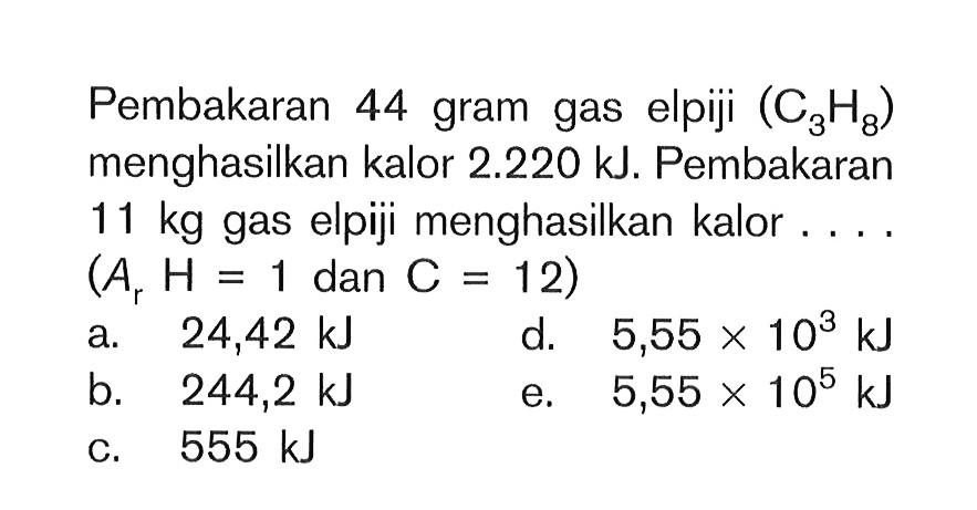 Pembakaran 44 gram gas elpiji (C3H8) menghasilkan kalor 2.220 kJ. Pembakaran 11 kg gas elpiji menghasilkan kalor ... (Ar H = 1 dan C = 12)