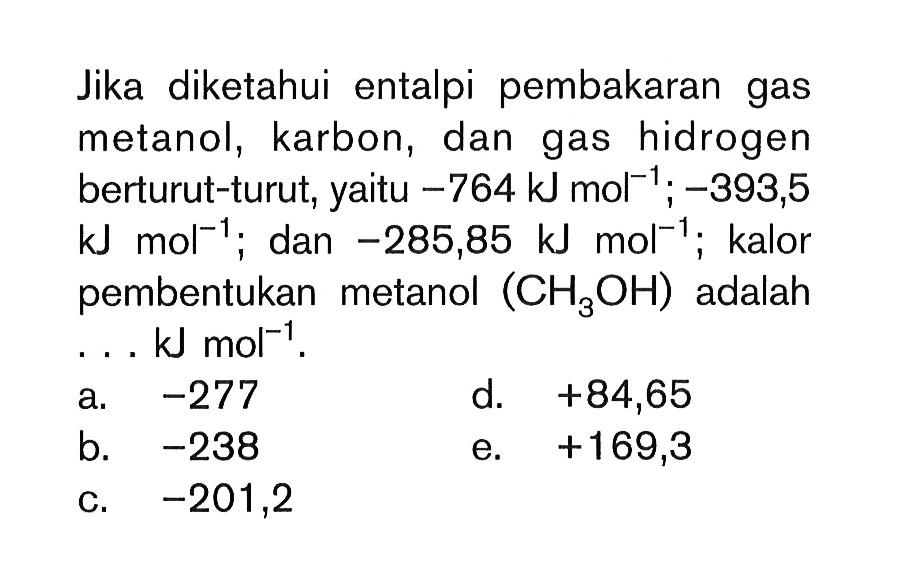 Jika diketahui entalpi pembakaran gas metanol, karbon, dan gas hidrogen berturut-turut, yaitu -764 kJ mol^(-1) ; -393,5 kJ mol^(-1) ; dan -285,85 kJ mol^(-1) ; kalor pembentukan metanol (CH3OH) adalah ... kJ mol^(-1)