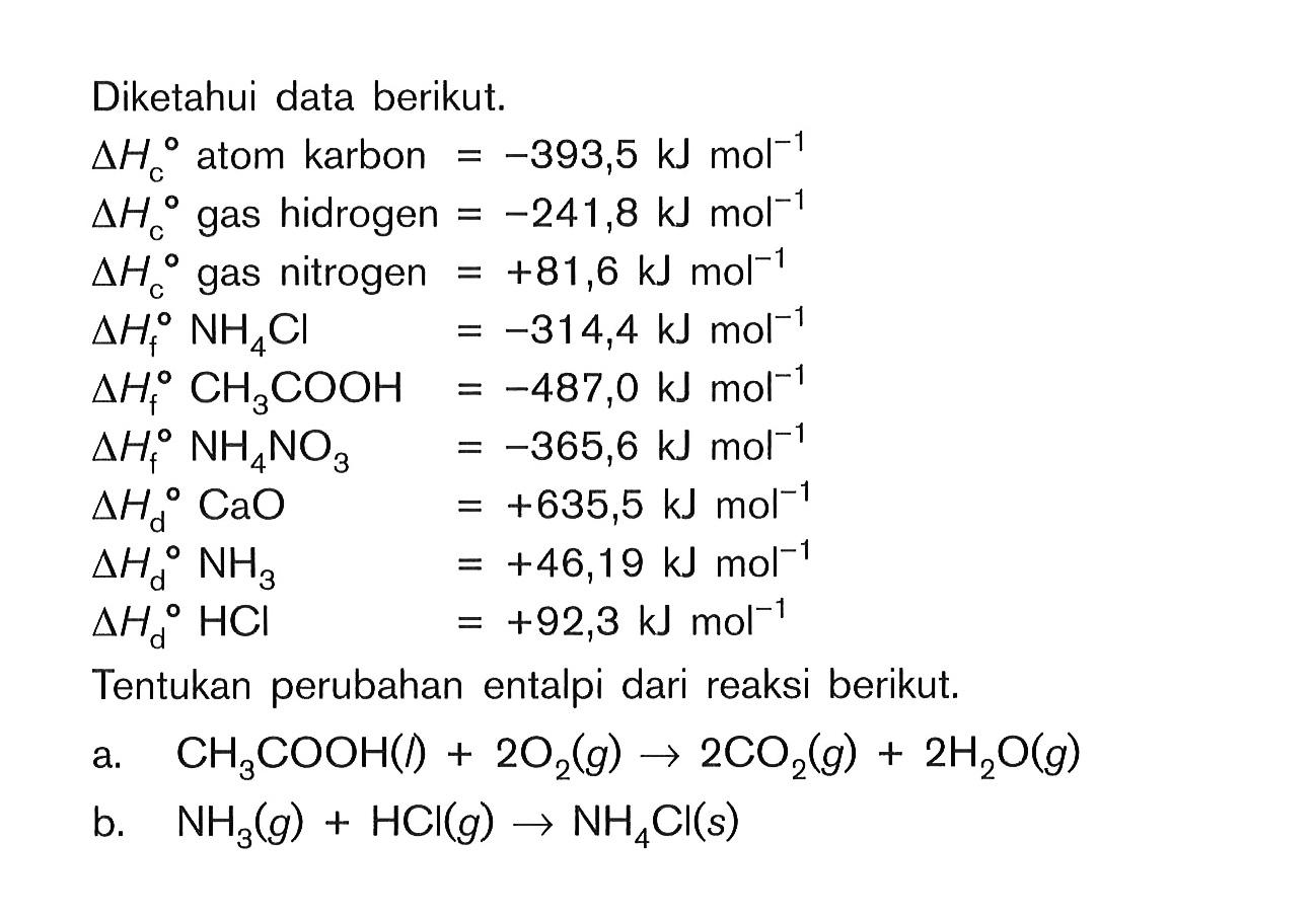 Diketahui data berikut. delta Hc atom karbon = -393,5 kJ mol^(-1) delta Hc gas hidrogen = -241,8 kJ mol^(-1) delta Hc gas nitrogen = +81,6 kJ mol^(-1) delta Hf NH4Cl = -314,4 kJ mol^(-1) delta Hf C3COOH = -487,0 kJ mol^(-1) delta Hf NH4NO3 = -365,6 kJ mol^(-1) delta Hd CaO = +635,5 kJ mol^(-1) delta Hd NH3 = +46,19 kJ mol^(-1) delta Hd HCl = +92,3 kJ mol^(-1) Tentukan perubahan entalpi dari reaksi berikut. a. CH3COOH (l) + 2O2 (g) -> 2CO2 (g) + 2H2O (g) b. NH3 (g) + HCl (g) -> NH4Cl (s)