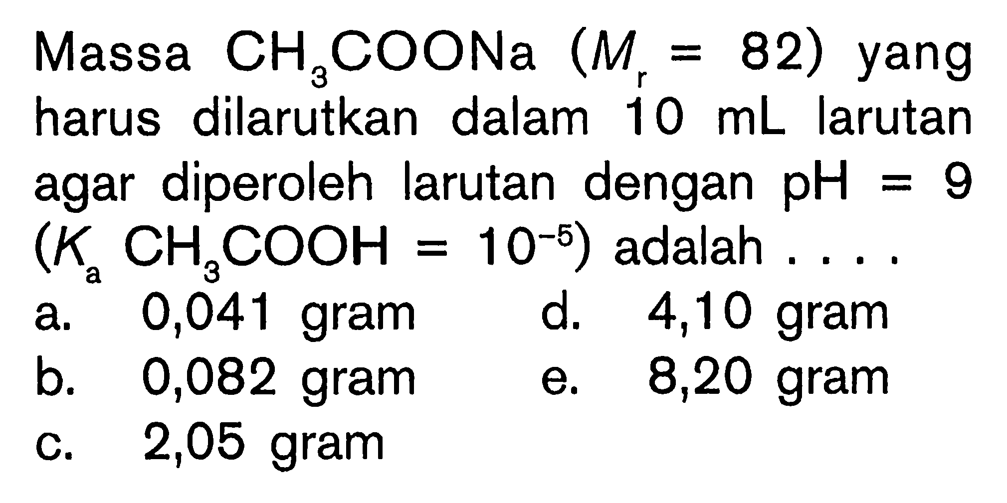Massa CH3COONa(Mr=82) yang harus dilarutkan dalam 10 mL larutan agar diperoleh larutan dengan pH=9 (Ka CH3 COOH=10^-5) adalah  ... 