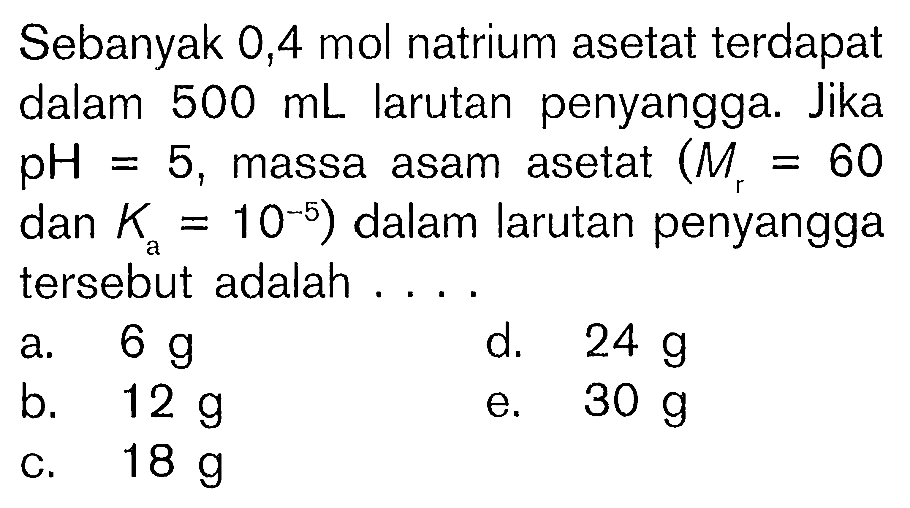 Sebanyak 0,4 mol natrium asetat terdapat dalam 500 mL larutan penyangga. Jika pH=5, massa asam asetat (Mr=60. dan Ka=10^-5) dalam larutan penyangga tersebut adalah ....