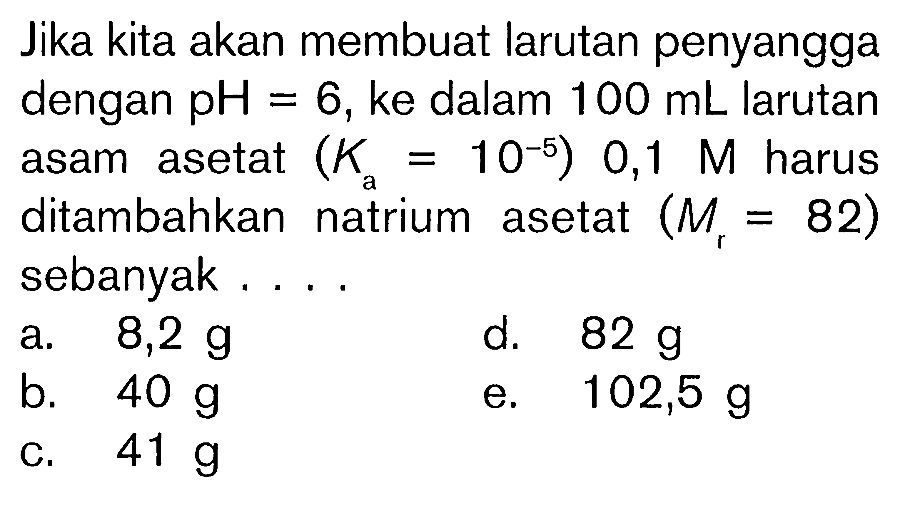 Jika kita akan membuat larutan penyangga dengan pH=6, ke dalam 100 mL larutan asam asetat (Ka=10^-5) 0,1 M  harus ditambahkan natrium asetat (Mr=82) sebanyak ....
