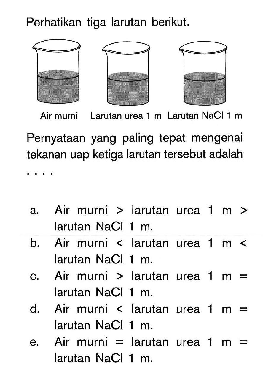 Perhatikan tiga larutan berikut. Air murni Larutan urea 1 m Larutan NaCl 1 m Pernyataan yang paling tepat mengenai tekanan uap ketiga larutan tersebut adalah ... a. Air murni > larutan urea 1 m > larutan NaCl 1 m b. Air murni < larutan urea 1 m < larutan NaCl 1 m c. Air murni > larutan urea 1 m = larutan NaCl 1 m d. Air murni < larutan urea 1 m = larutan NaCl 1 m e. Air murni = larutan urea 1 m = larutan NaCl 1 m.