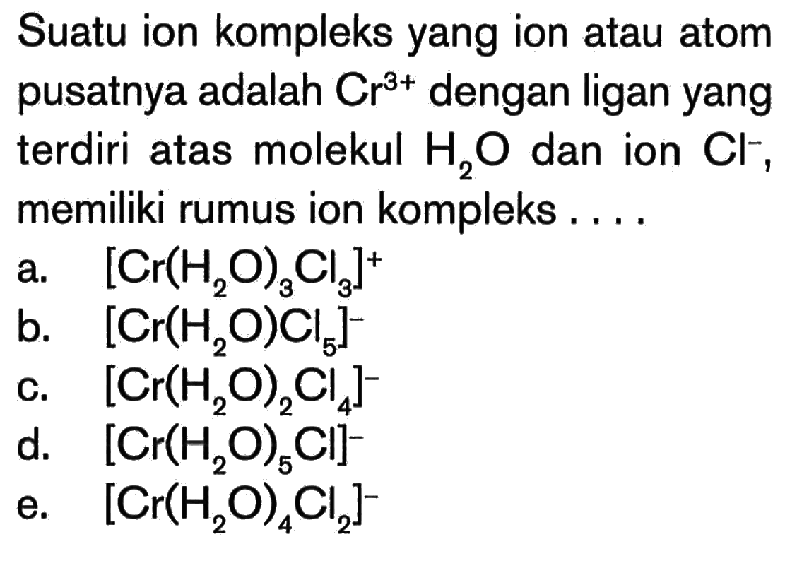 Suatu ion kompleks yang ion atau atom pusatnya adalah Cr^(3+) dengan ligan yang terdiri atas molekul H2O dan ion Cl-, memiliki rumus ion kompleks ...