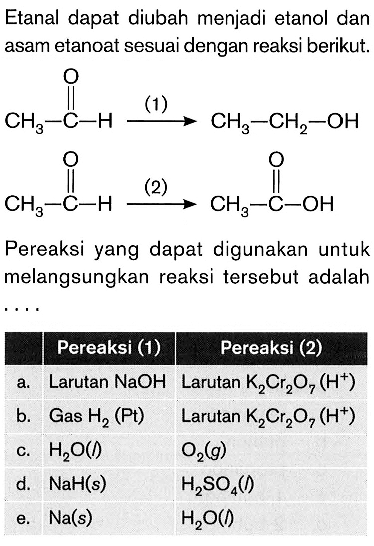 Etanal dapat diubah menjadi etanol dan asam etanoat sesuai dengan reaksi berikut. O CH3-C-H (1) -> CH3-CH2-OH O O CH3-C-H (2) -> CH3-C-OH Pereaksi yang dapat digunakan untuk melangsungkan reaksi tersebut adalah .... Pereaksi (1) Pereaksi (2)