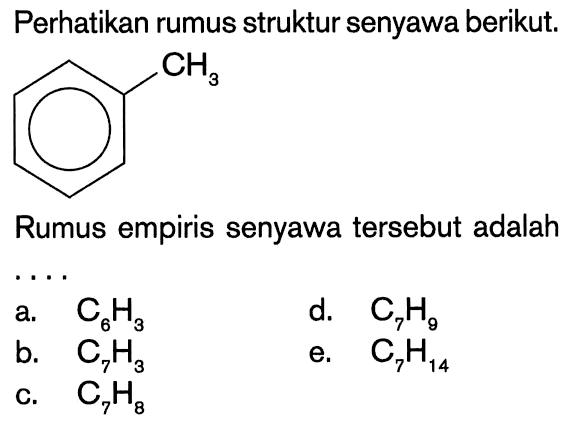 Perhatikan rumus struktur senyawa berikut.CH3Rumus empiris senyawa tersebut adalah ....