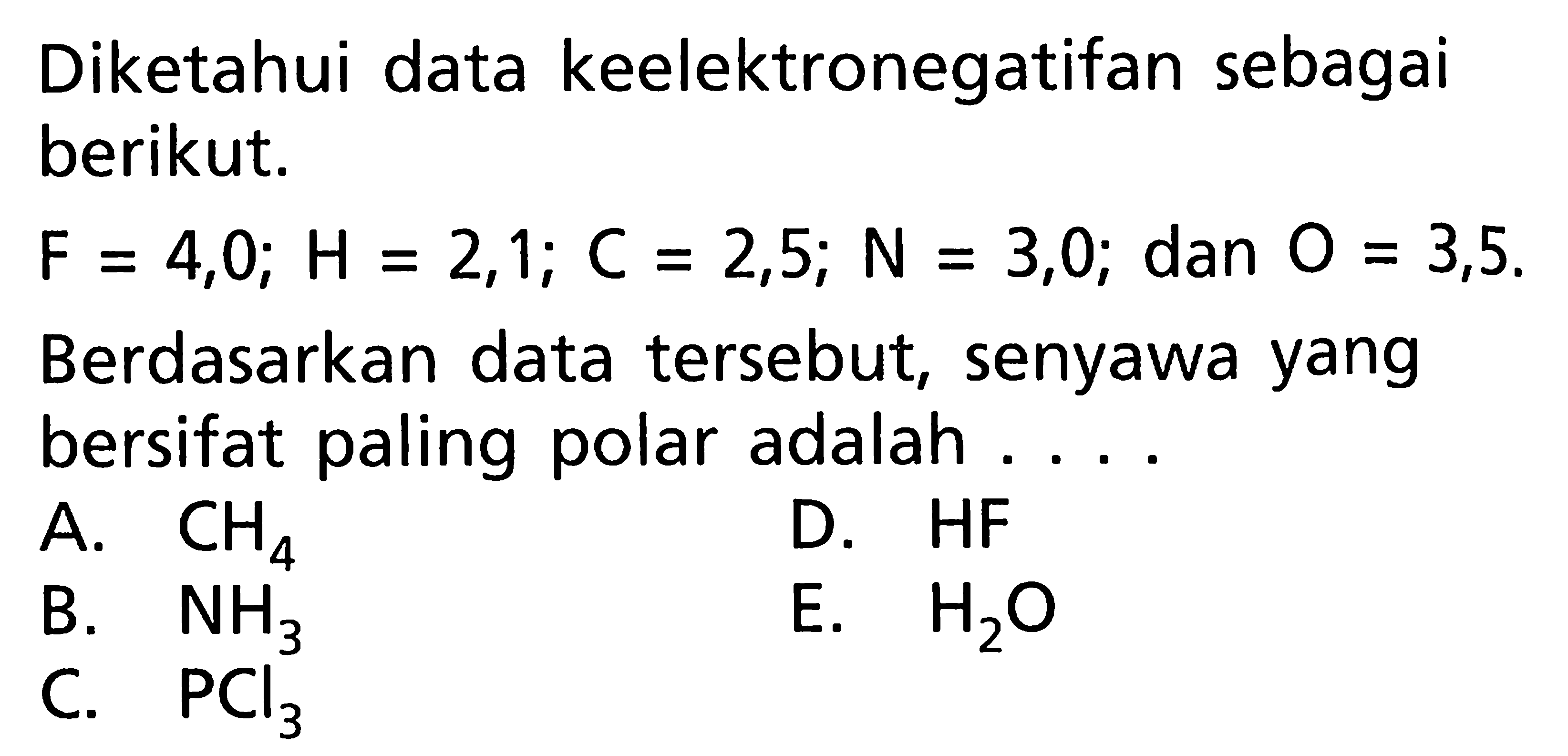 Diketahui data keelektronegatifan sebagai berikut. F = 4,0; H = 2,1; C = 2,5; N = 3,0; dan 0 = 3,5. Berdasarkan data tersebut, senyawa yang bersifat paling polar adalah . . . .