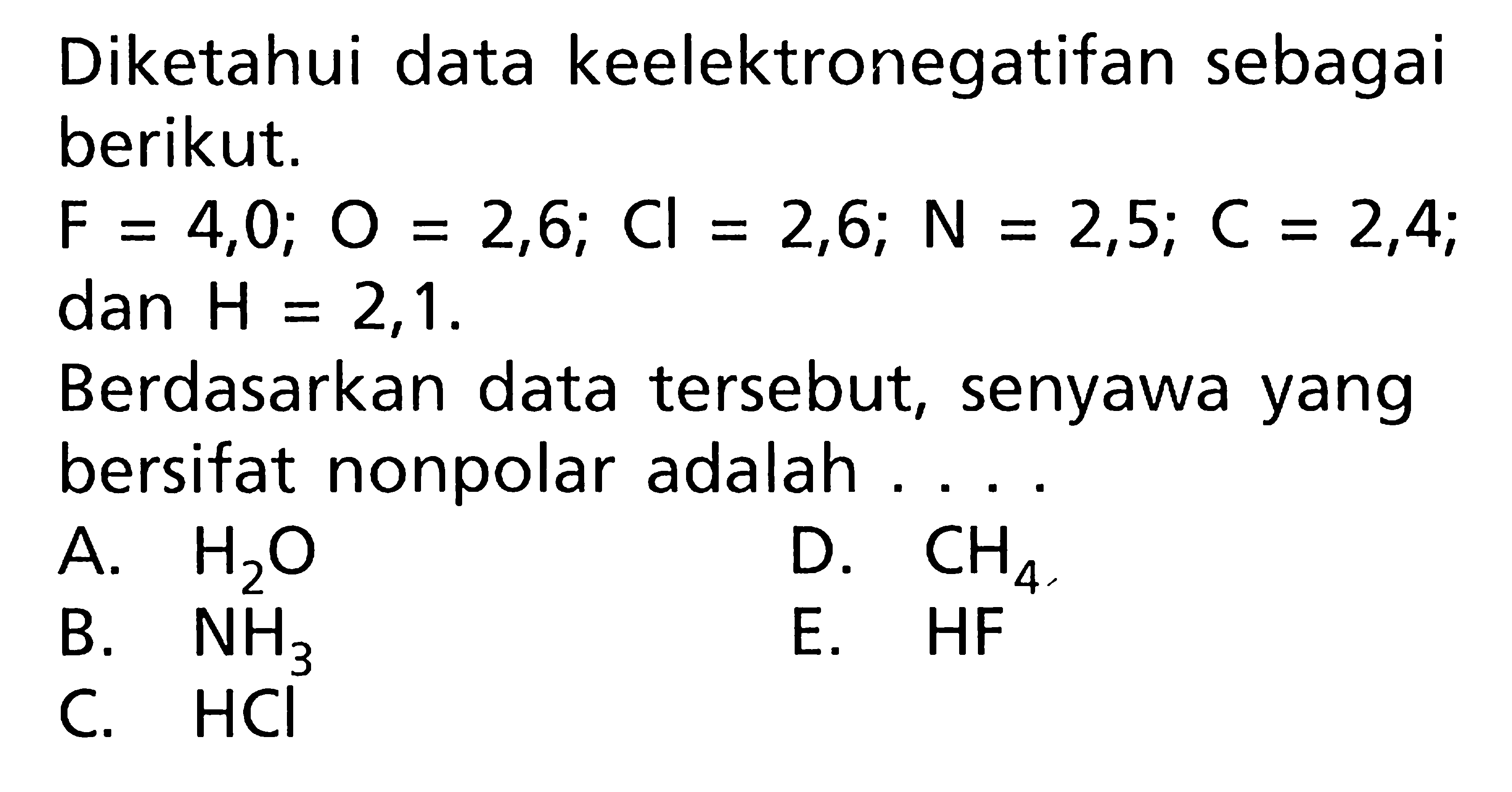 Diketahui data keelektronegatifan sebagai berikut. F = 4,0; O = 2,6; Cl = 2,6; N = 2,5; C = 2,4; dan H = 2,1 . Berdasarkan data tersebut; senyawa yang bersifat nonpolar adalah ....