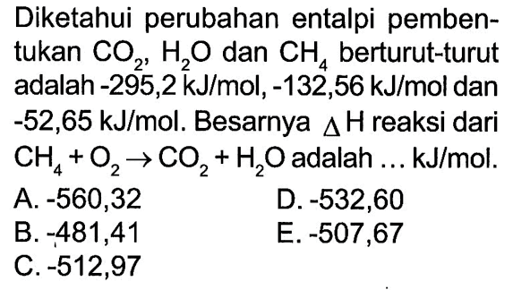 Diketahui perubahan entalpi pemben-tukan CO2 , H2O dan CH4 berturut-turut adalah -295,2 kJ/mol, -132,56 kJ/mol dan -52,65 kJ/mol. Besarnya delta H reaksi dari CH4 + O2 -> CO2 + H2O adalah ... kJ/mol.