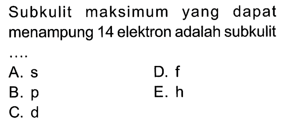 Subkulit maksimum yang dapat menampung 14 elektron adalah subkulit ....