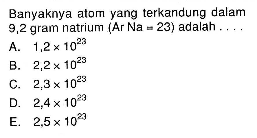 Banyaknya atom yang terkandung dalam 9,2 gram natrium (Ar Na=23) adalah ....