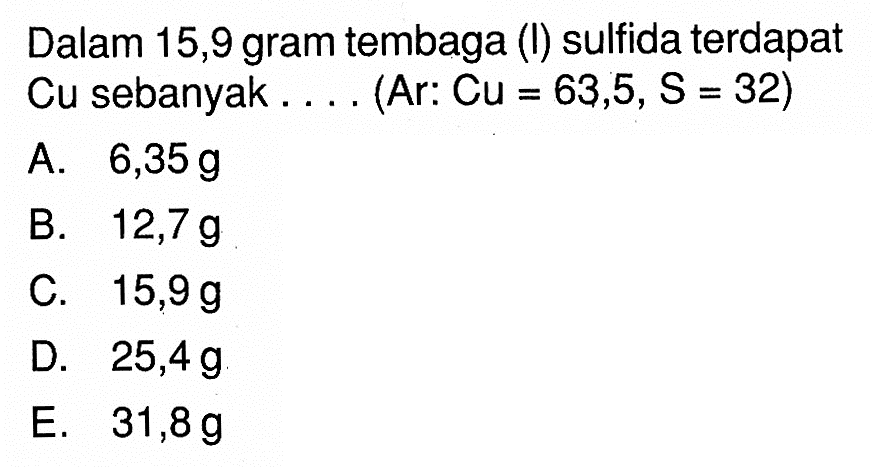 Dalam 15,9 gram tembaga (l) sulfida terdapat Cu sebanyak.... (Ar:  Cu=63,5, S=32)
A.  6,35 g 
B.  12,7 g 
C.  15,9 g 
D.  25,4 g 
E.  31,8 g 