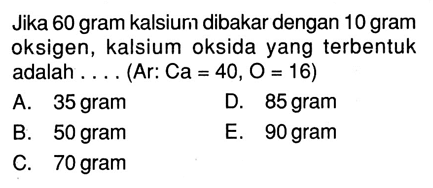 Jika 60 gram kalsiuri dibakar dengan 10 gram oksigen, kalsium oksida yang terbentuk adalah ....(Ar:Ca=40, O=16)