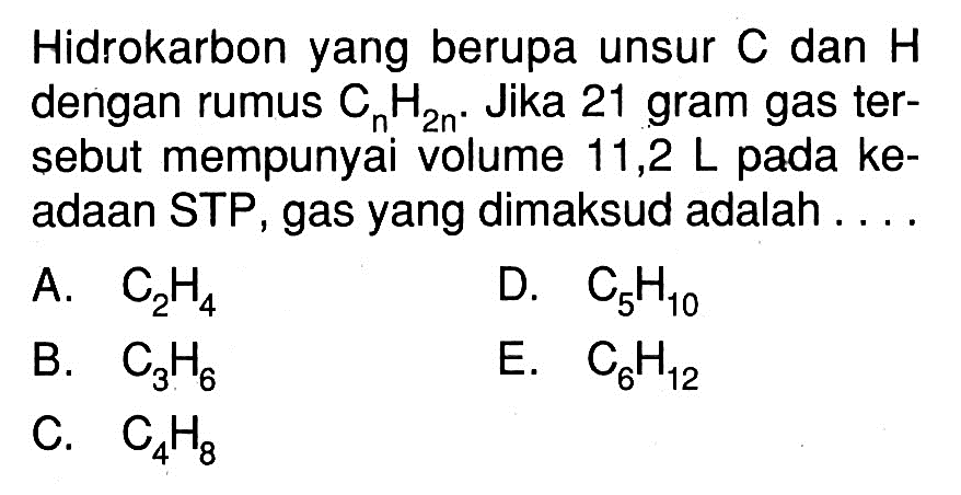 Hidrokarbon yang berupa unsur C dan H dengan rumus CnH2n. Jika 21 gram gas tersebut mempunyai volume 11,2 L pada keadaan STP, gas yang dimaksud adalah ....