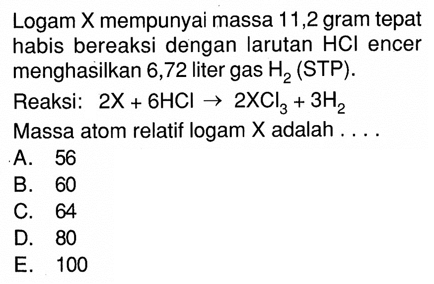 Logam X mempunyai massa 11,2 gram tepat habis bereaksi dengan larutan HCL encer menghasilkan 6,72 liter gas H2 (STP). Reaksi: 2X + 6HCl -> 2XCl3 + 3H2 Massa atom relatif logam X adalah ....