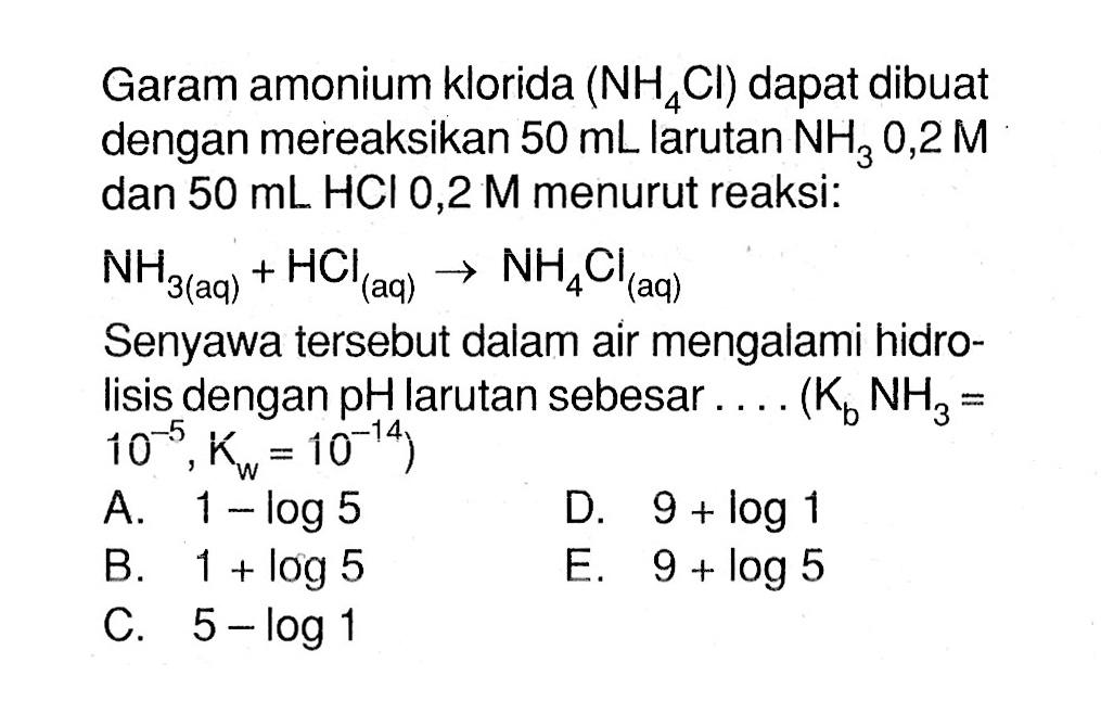 Garam amonium klorida (NH4Cl) dapat dibuat dengan mereaksikan 50 mL larutan NH3 0,2 M dan 50 mL HCl 0,2 M menurut reaksi: NH3(aq)+HCl(aq) -> NH4Cl(aq) Senyawa tersebut dalam air mengalami hidrolisis dengan pH larutan sebesar ... (Kb NH3=10^-5, Kw=10^-14)