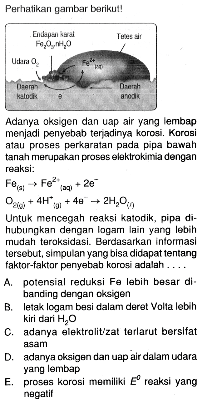 Perhatikan gambar berikut! Daerah katodik udara O2 endapan karat Fe2O3nH2O Tetes air Daerah anodik Adanya oksigen dan uap air yang lembap menjadi penyebab terjadinya korosi. Korosi atau proses perkaratan pada pipa bawah tanah merupakan proses elektrokimia dengan reaksi:Fe(s) -> Fe(aq)^(2+) + 2e^- O2(g) + 4H^+(g) + 4e^- -> 2H2O(l) Untuk mencegah reaksi katodik, pipa dihubungkan dengan logam lain yang lebih mudah teroksidasi. Berdasarkan informasi tersebut, simpulan yang bisa didapat tentang faktor-faktor penyebab korosi adalah ....A. potensial reduksi Fe lebih besar dibanding dengan oksigenB. letak logam besi dalam deret Volta lebih kiri dari  H2 O C. adanya elektrolit/zat terlarut bersifat asamD. adanya oksigen dan uap air dalam udara yang lembapE. proses korosi memiliki  E^0  reaksi yang negatif