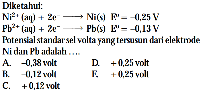 Diketahui: Ni^(2+) (aq) + 2e^ -> Ni(s) E^o = -0,25 V Pb^(2+) (aq) + 2e^- -> Pb(s) E^o = -0,13 V Potensial standar sel volta yang tersusun dari elektrode Ni dan Pb adalah ....