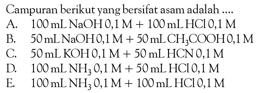 Campuran berikut yang bersifat asam adalah .... 
A. 100 mL NaOH 0,1 M+100 mL HCl 0,1 M 
B. 50 mL NaH 0,1 M+50 mL CH3COOH 0,1 M 
C. 50 mL KOH 0,1 M+50 mL HCN 0,1 M 
D. 100 mL NH3 0,1 M+50 mL HCl 0,1 M 
E. 100 mL NH3 0,1 M+100 mL HCl 0,1 M 