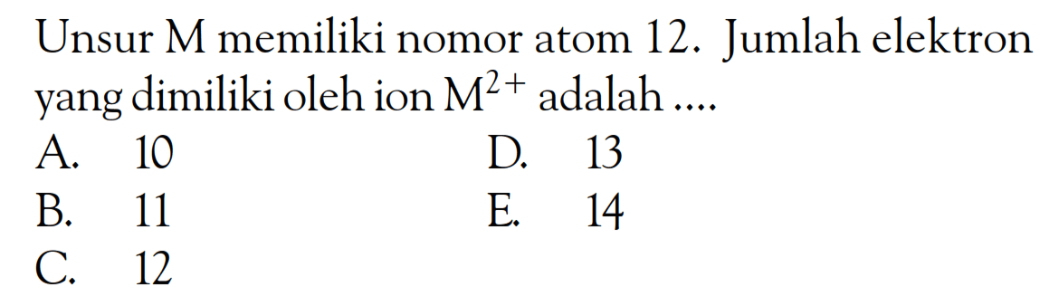 Unsur M memiliki nomor atom 12. Jumlah elektron yang dimiliki oleh ion M^(2+) adalah ....