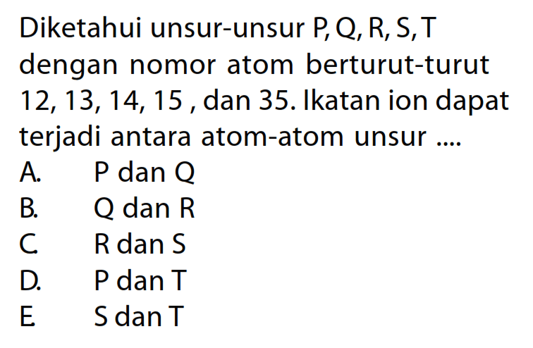Diketahui unsur-unsur P, Q, R, S,T dengan nomor atom berturut-turut 12, 13, 14, 15, dan 35. Ikatan ion dapat terjadi antara atom-atom unsur ....