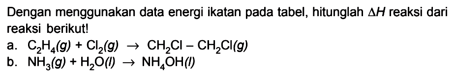 Dengan menggunakan data energi ikatan pada tabel, hitunglah deltaH reaksi dari reaksi berikut! a. C2H4(g) + Cl2(g) -> CH2CI - CH2CI(g) b. NH3(g) + H2O(l) -> NH4OH(l)
