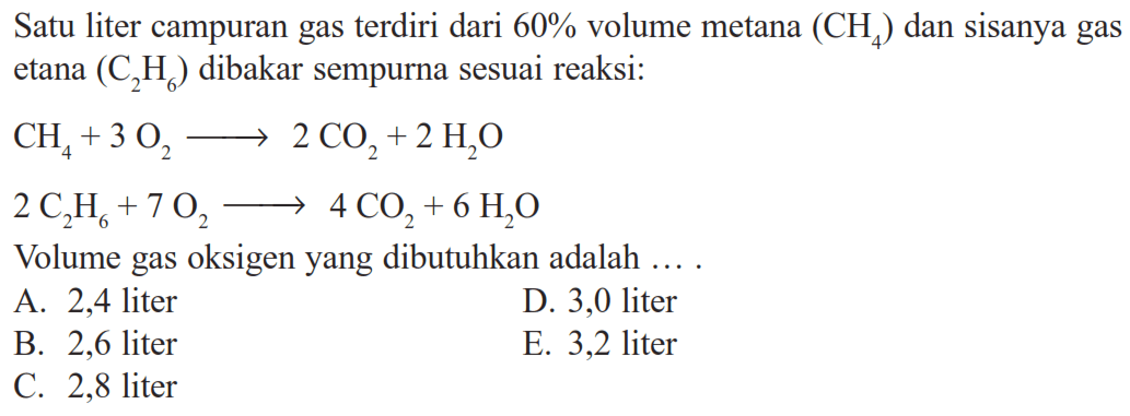 Satu liter campuran gas terdiri dari  60%  volume metana  (CH4)  dan sisanya gas etana  (C2 H6)  dibakar sempurna sesuai reaksi:CH4+3 O2 \longright-> 2 CO2+2 H2 O 2 C2 H6+7 O2 \longright-> 4 CO2+6 H2 OVolume gas oksigen yang dibutuhkan adalah  ... A. 2,4 literD. 3,0 literB. 2,6 literE. 3,2 literC. 2,8 liter