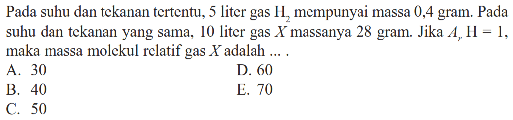 Pada suhu dan tekanan tertentu, 5 liter gas H2 mempunyai massa 0,4 gram. Pada suhu dan tekanan yang sama, 10 liter gas X massanya 28 gram. Jika  Ar H=1, maka massa molekul relatif gas X adalah ... .