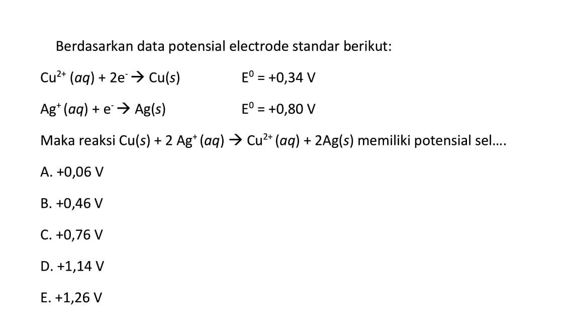 Berdasarkan data potensial electrode standar berikut: Cu^(2+) (aq) + 2e^- -> Cu(s) E^0 = +0,34 V Ag^+ (aq) + e^- -> Ag(s) E^0 = +0,80 V Maka reaksi Cu(s) + 2 Ag^+ (aq) -> Cu^(2+) (aq) + 2Ag(s) memiliki potensial sel....