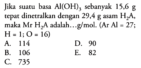 Jika suatu basa Al(OH)3 sebanyak 15,6 g tepat dinetralkan dengan 29,4 g asam H2A, maka Mr H2A adalah...g/mol. (Ar Al=27 ; H=1 ; O=16)