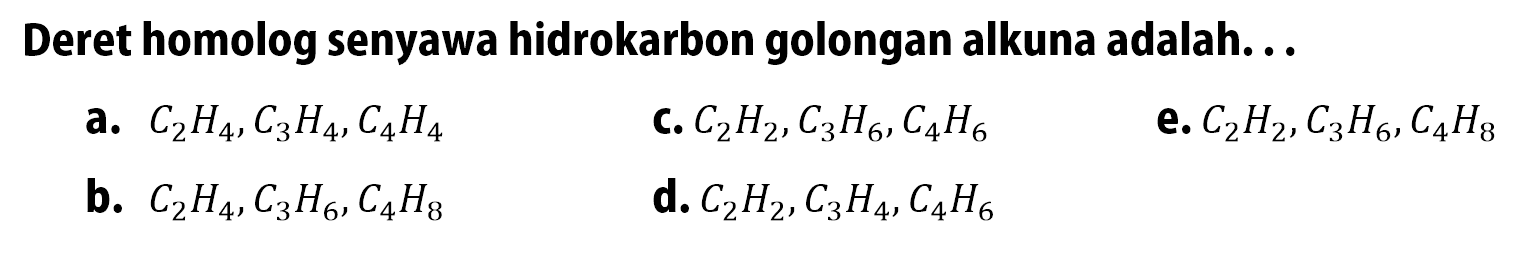 Deret homolog senyawa hidrokarbon golongan alkuna adalah ...