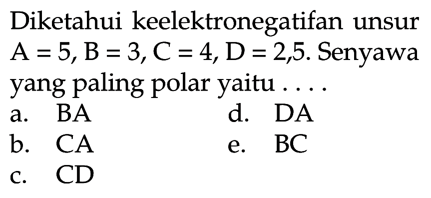 Diketahui keelektronegatifan unsur A = 5, B = 3, C = 4, D = 2,5. Senyawa yang paling polar yaitu ....