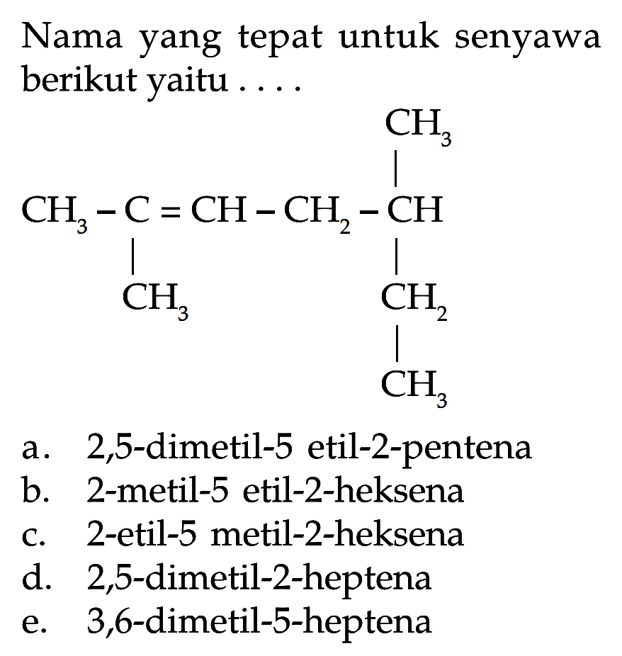 Nama yang tepat untuk senyawa berikut yaitu CH3 CH3 - C = CH - CH2 - CH CH3 CH2 CH3