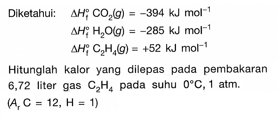 Diketahui: delta Hf CO2(g)=-394 kJ mol^(-1) delta Hf H2O(g)=-285 kJ mol^(-1) delta Hf C2H4(g)=+52 kJ mol^(-1) Hitunglah kalor yang dilepas pada pembakaran 6,72 liter gas C2H4 pada suhu 0 C, 1 atm. (Ar C=12, H=1) 