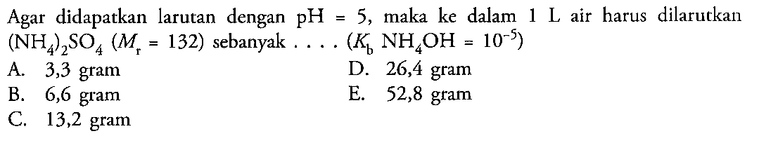 Agar didapatkan larutan dengan pH=5 , maka ke dalam 1 L air harus dilarutkan (NH4)2 SO4 (Mr=132) sebanyak ...(Kb NH4 OH=10^-5)