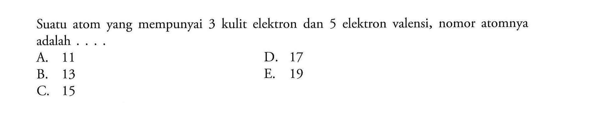 Suatu atom yang mempunyai 3 kulit elektron dan 5 elektron  valensi, nomor atomnya adalah 
