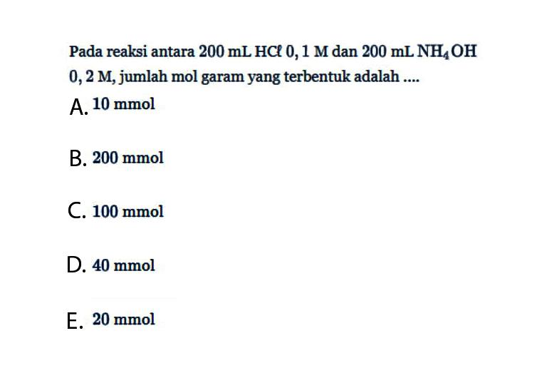 Pada reaksi antara  200 mL HCl 0,1 M  dan  200 mL NH4OH 0,2 M, jumlah mol garam yang terbentuk adalah ....