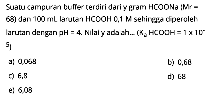 Suatu campuran buffer terdiri dari y gram HCOONa (Mr = 68) dan 100 mL larutan HCOOH 0,1 M sehingga diperoleh larutan dengan pH=4. Nilai y adalah...  (Ka HCOOH=1 x 10^-5)