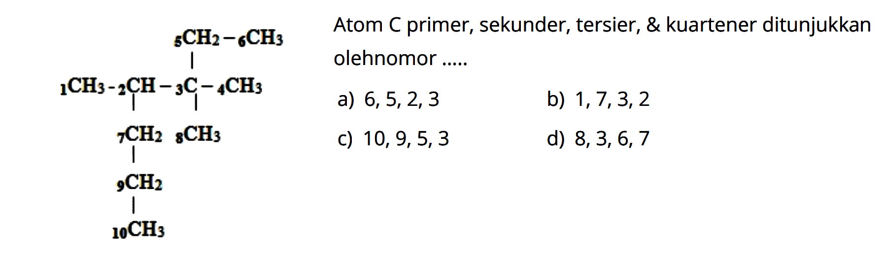 Atom C primer, sekunder, tersier, & kuartener ditunjukkan oleh nomor .....