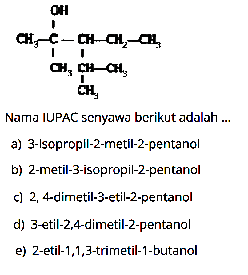 CH3-C-CH-CH2-CH3 OH CH3 CH CH3 CH3 Nama IUPAC senyawa berikut adalah ... 