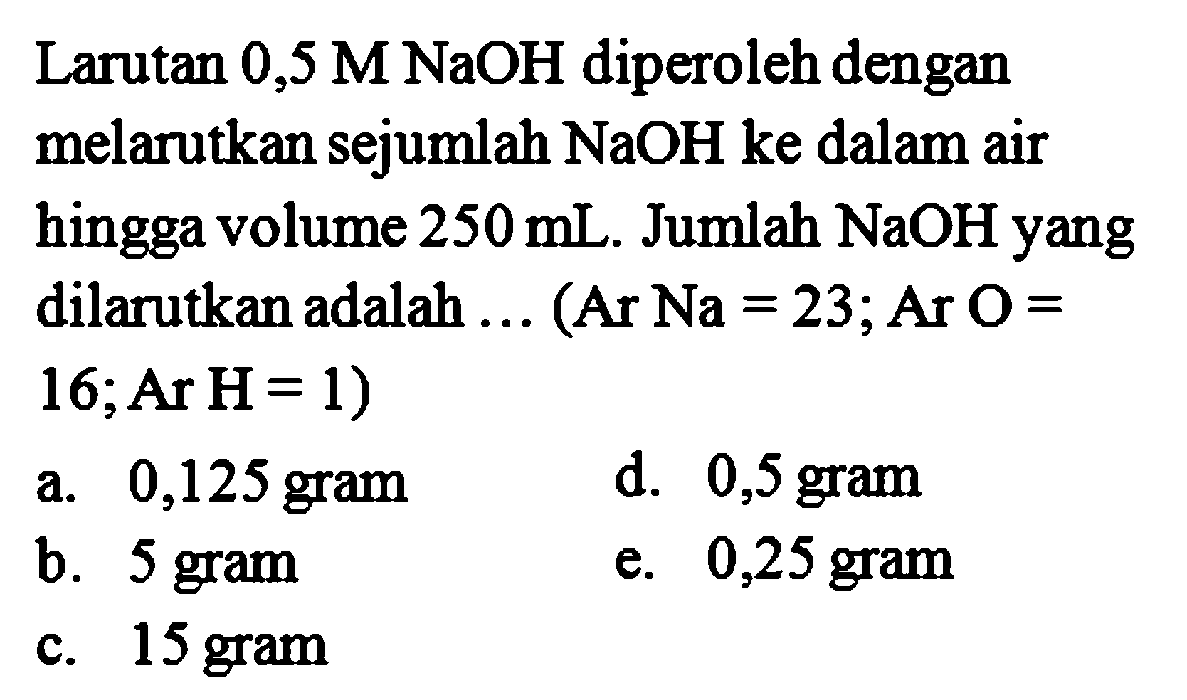 Larutan 0,5 M NaOH diperoleh dengan melarutkan sejumlah NaOH ke dalam air hingga volume 250 mL. Jumlah NaOH yang dilarutkan adalah ... (Ar Na = 23; Ar O = 16; Ar H= 1) 

