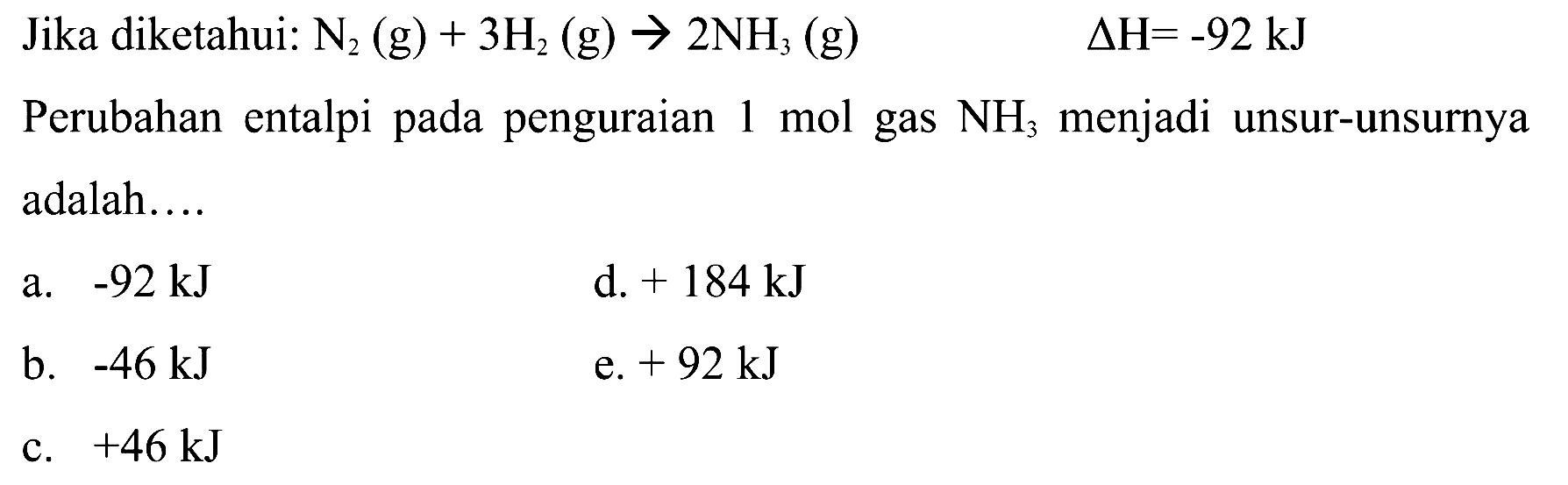 Jika diketahui: N2(g)+3H2(g)->2NH3(g) delta H=-92 kJ Perubahan entalpi pada penguraian 1 mol gas NH3 menjadi unsur-unsurnya adalah.... 