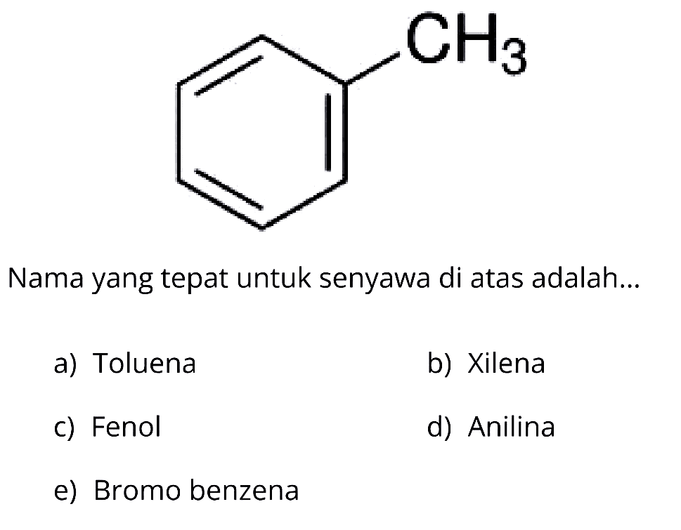 CH3
Nama yang tepat untuk senyawa di atas adalah...
a) Toluena
b) Xilena
c) Fenol
d) Anilina
e) Bromo benzena