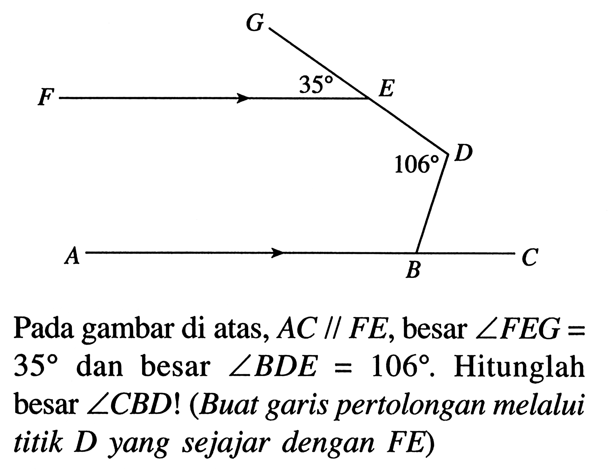 Pada gambar di atas, AC// FE, besar sudut FEG=35 dan besar sudut BDE=106. Hitunglah besar sudut CBD! (Buat garis pertolongan melalui titik D yang sejajar dengan FE) F G 35 E 106 D A B C 