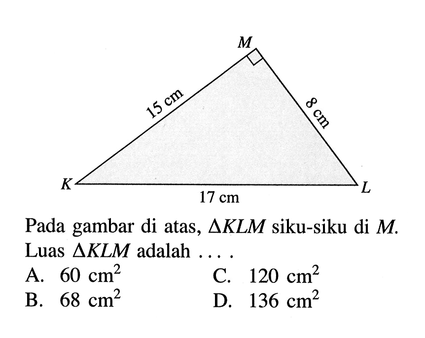 15 cm 8 cm 17 cm Pada gambar di atas, segitiga KLM siku-siku di M. Luas segitiga KLM adalah ... .