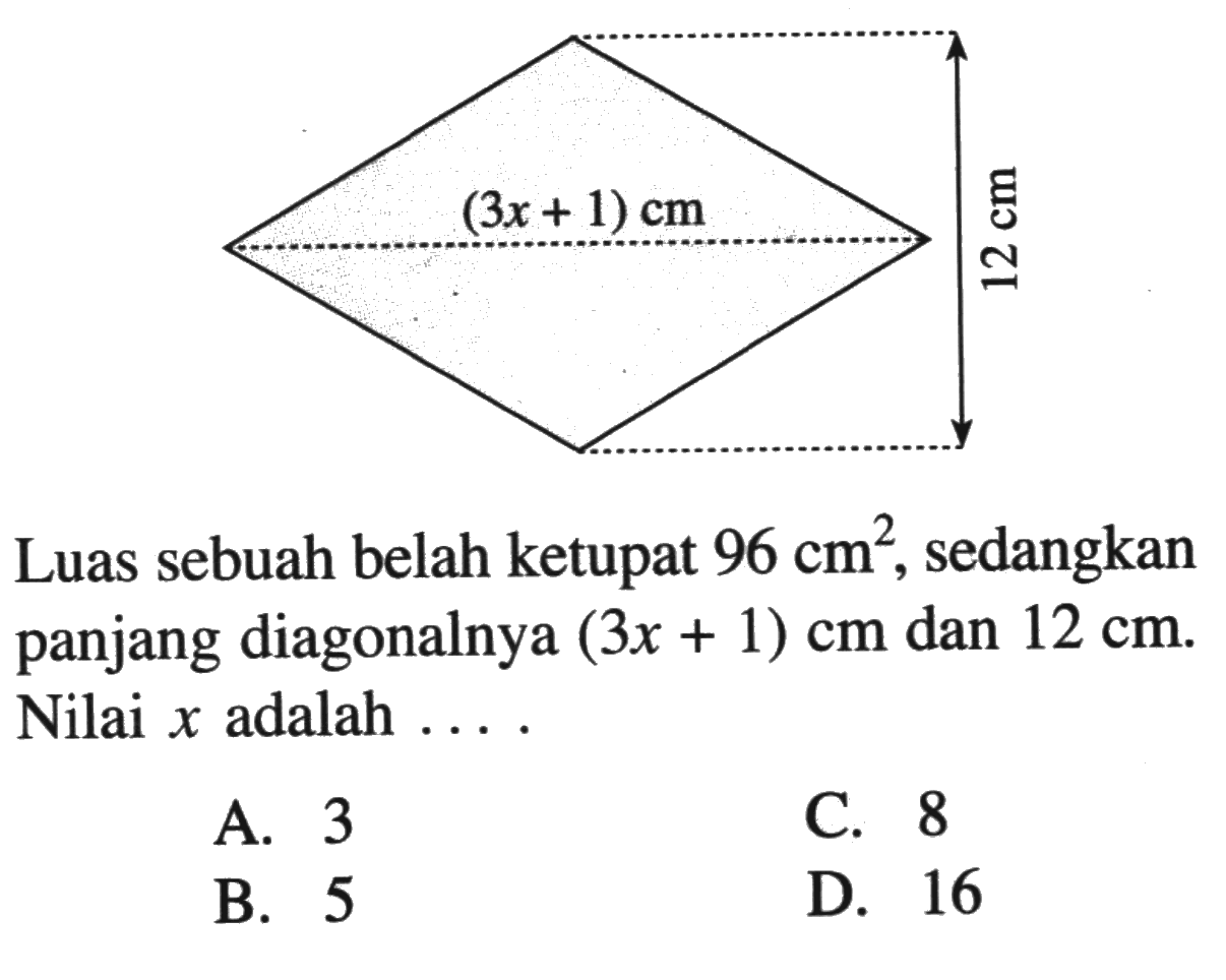 (3x+1) cm 12 cmLuas sebuah belah ketupat 96 cm^2, sedangkan panjang diagonalnya (3x+1) cm dan 12 cm. Nilai x adalah  ... 